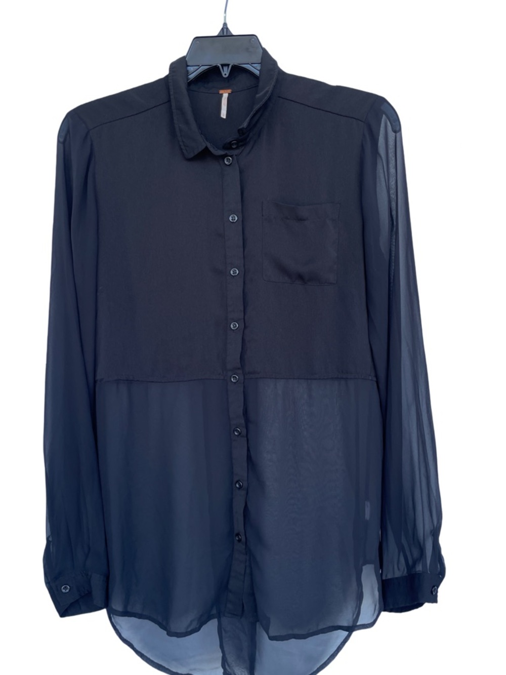 Free people women’s Black Sheer Layered Long Sleeve Button down shirt size L